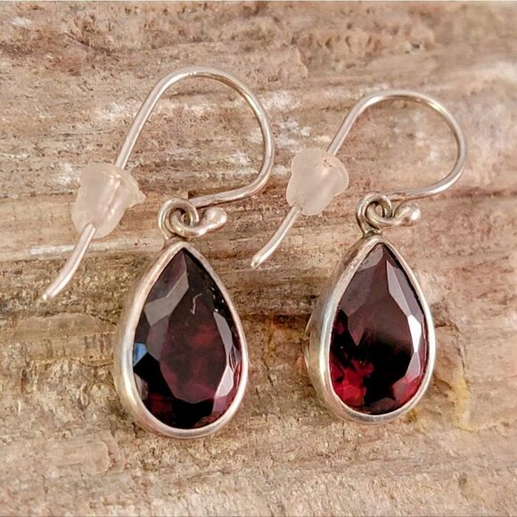 Sterling Silver Bali Style CZ Garnet Pear Drop Earrings - Picture 3 of 6